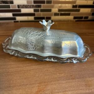 Antique Elegant Silver Aluminum Butter Dish with Floral Design
